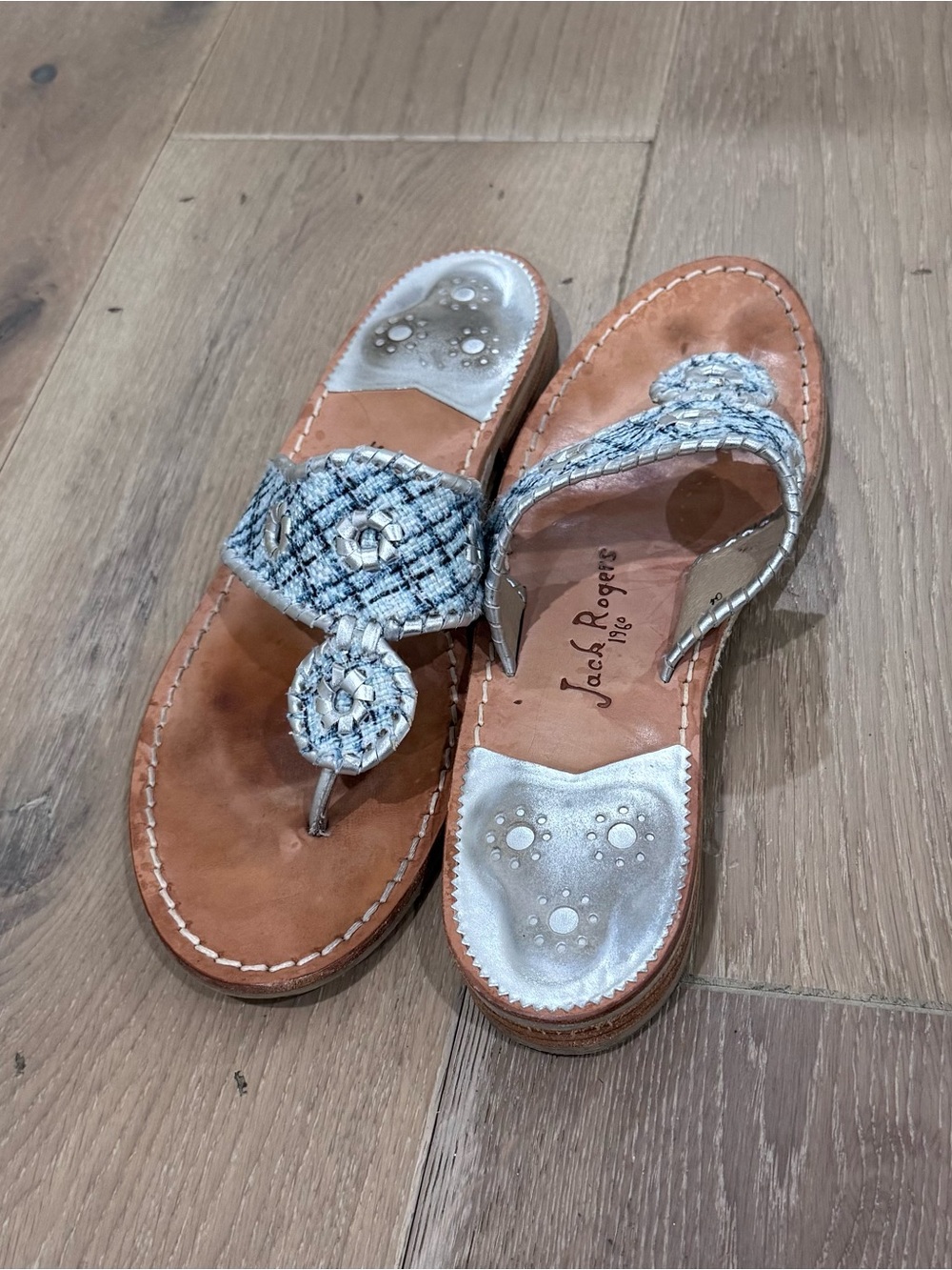 Jack Rogers Tweed Accent Thong Sandals in Silver and Tan